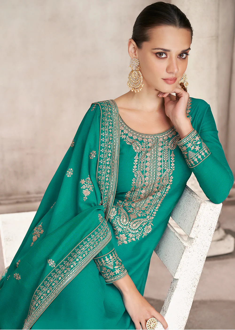 Straight Cut Turquoise Silk Festive Salwar Kameez - Image 2