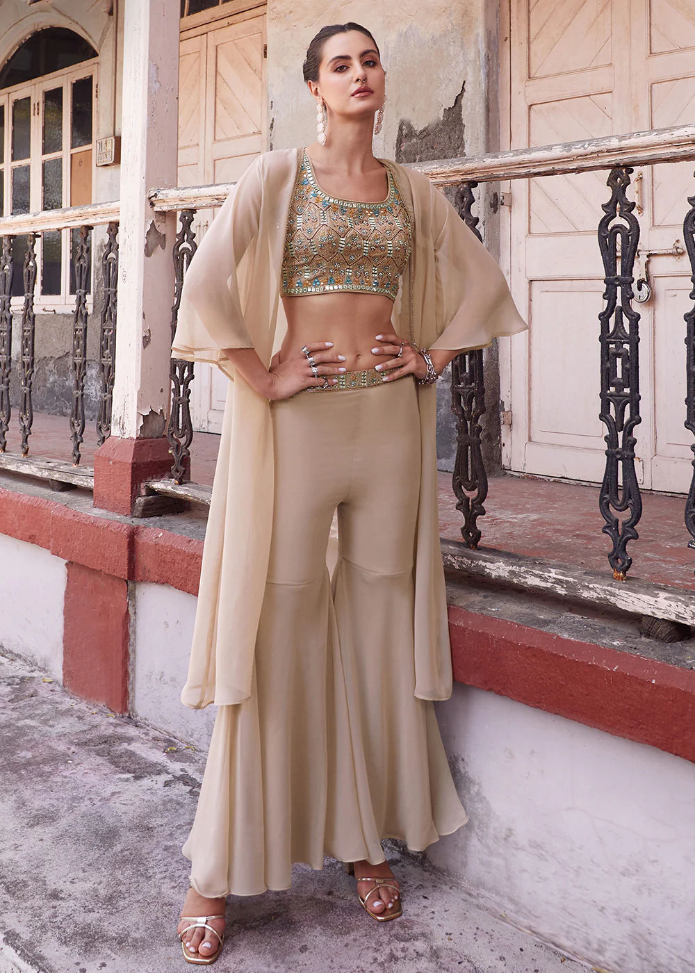 Stunning Beige Designer Crop Top Style Sharara Suit - Image 3