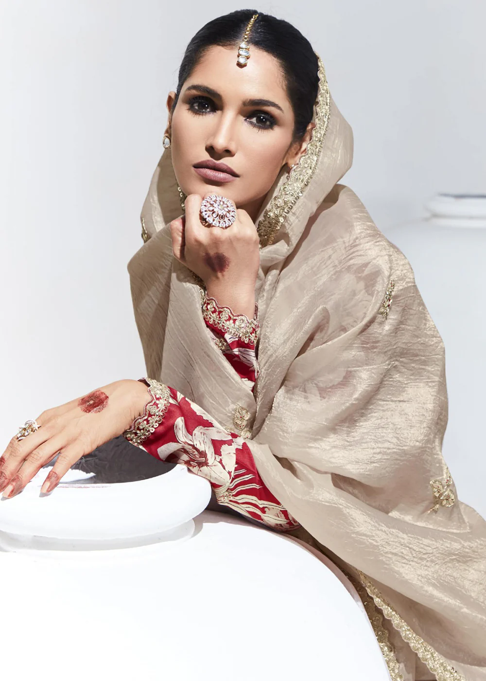 Stunning Beige Organza Embroidered Party Wear Saree - Image 3