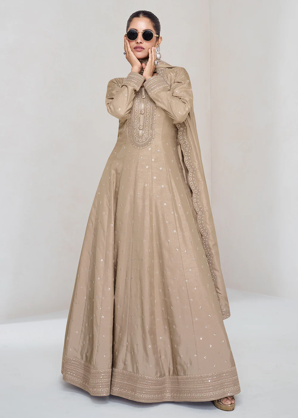 Stunning Beige Silk Embroidered Wedding Anarkali Gown - Image 3