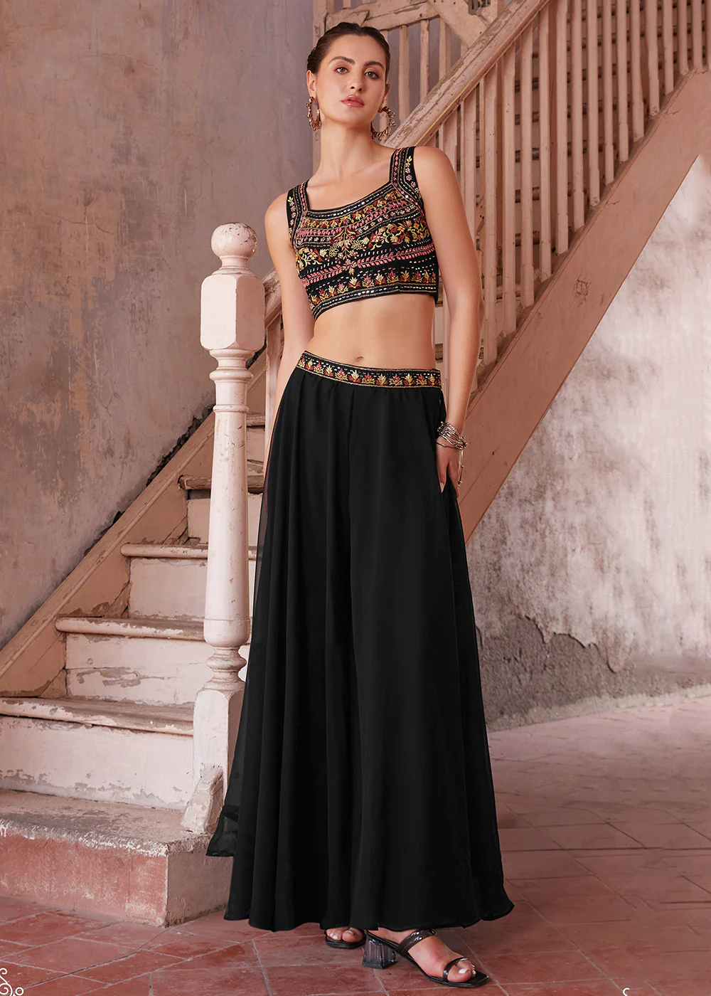 Stunning Black Designer Crop Top Style Sharara Suit - Image 6