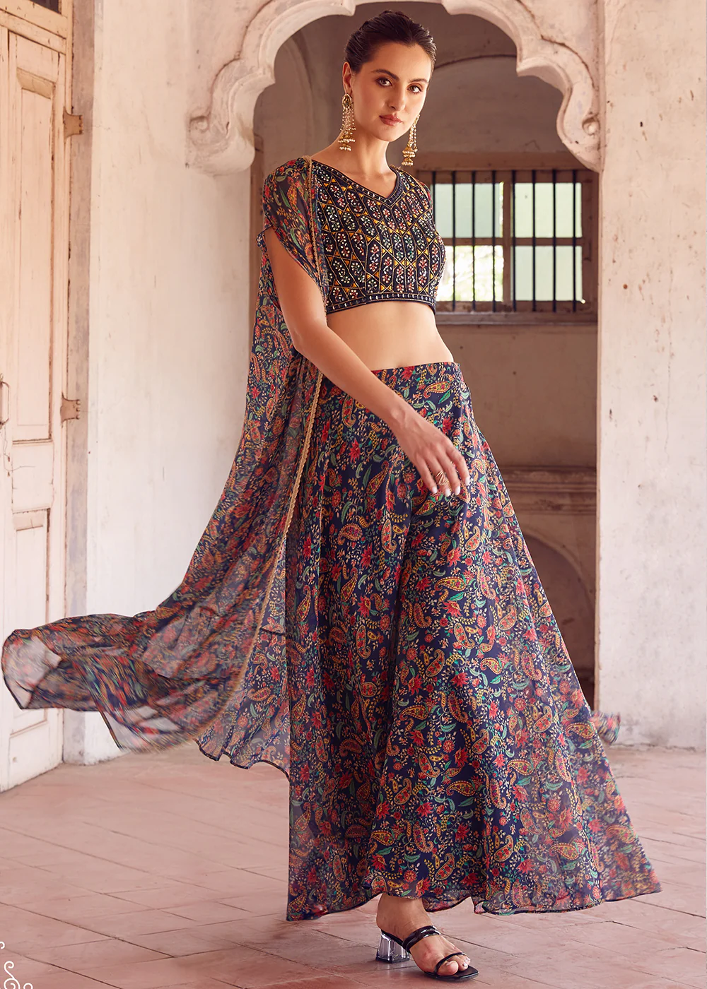 Stunning Blue Designer Crop Top Style Sharara Suit - Image 3