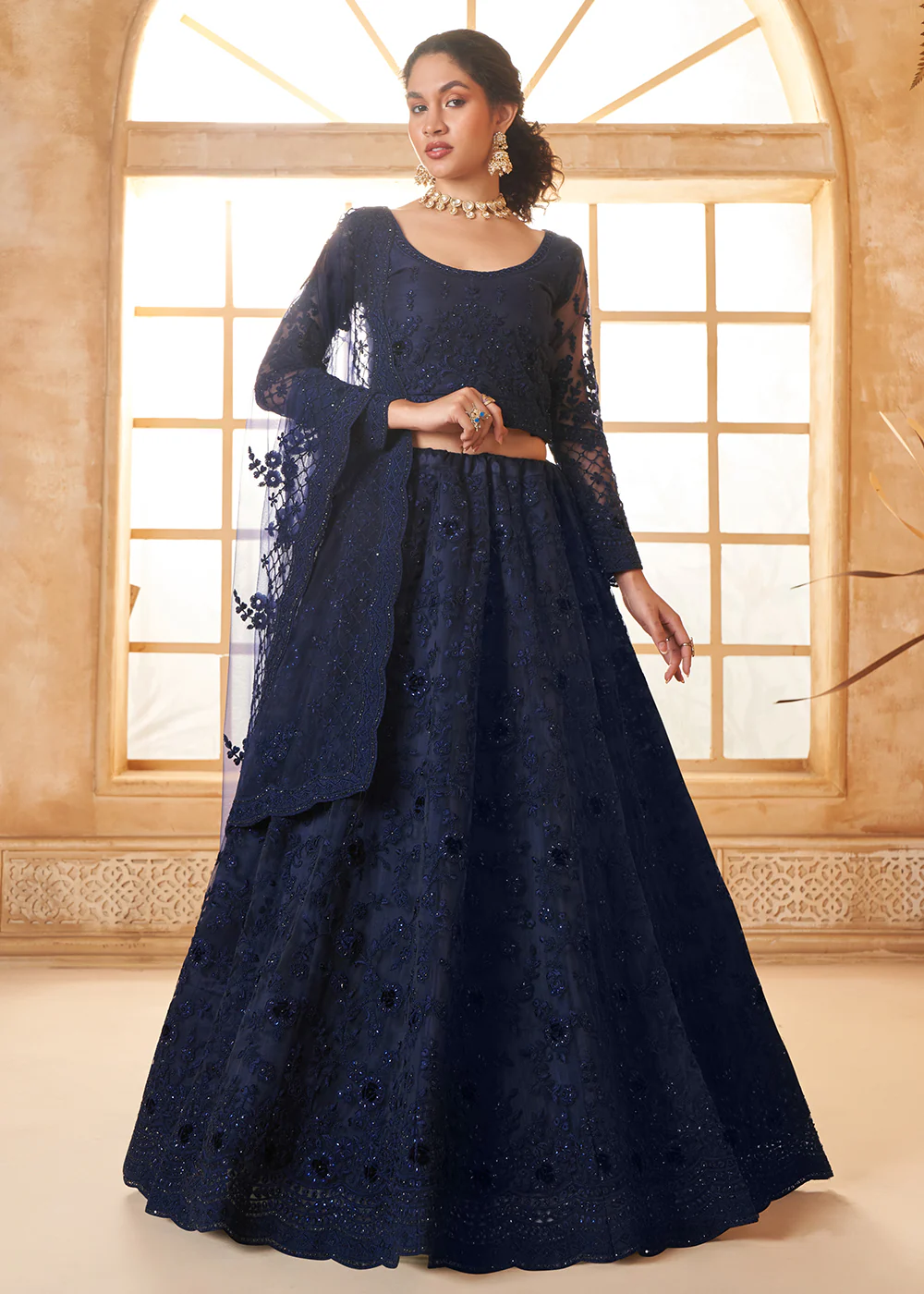 Stunning Blue Heavy Net Embroidered Bridal Lehenga Choli