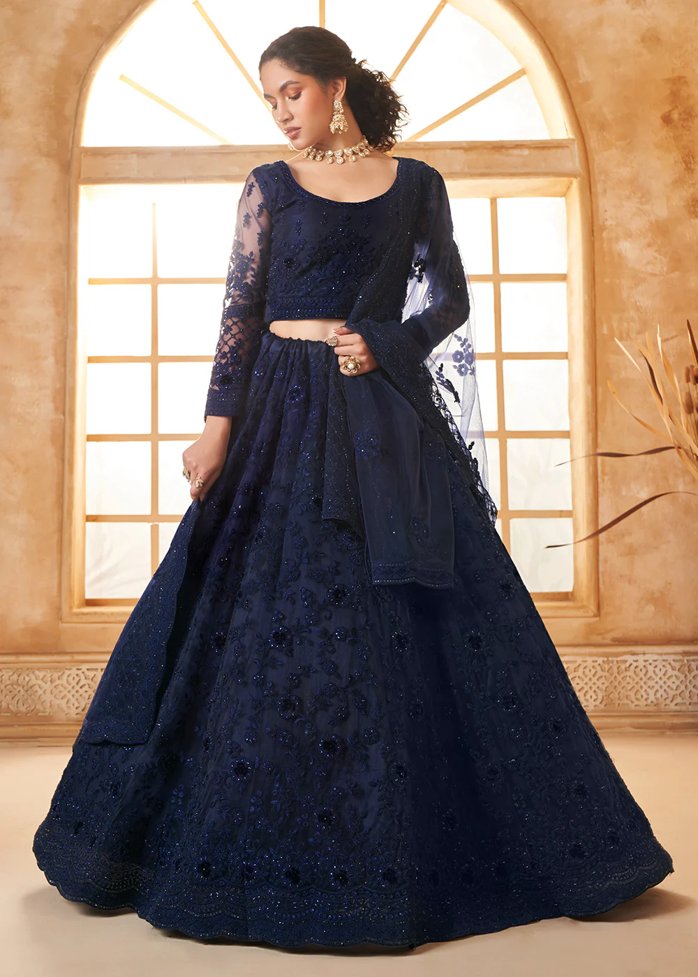 Stunning Blue Heavy Net Embroidered Bridal Lehenga Choli - Image 3