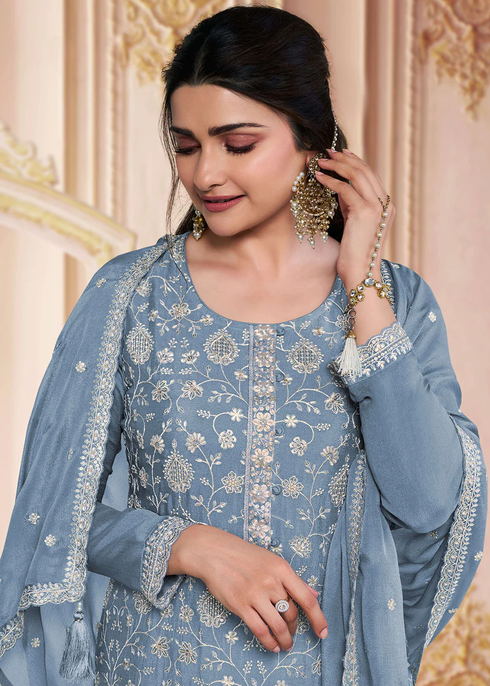 Stunning Bluish Grey Embroidered Festive Salwar Suit - Image 2