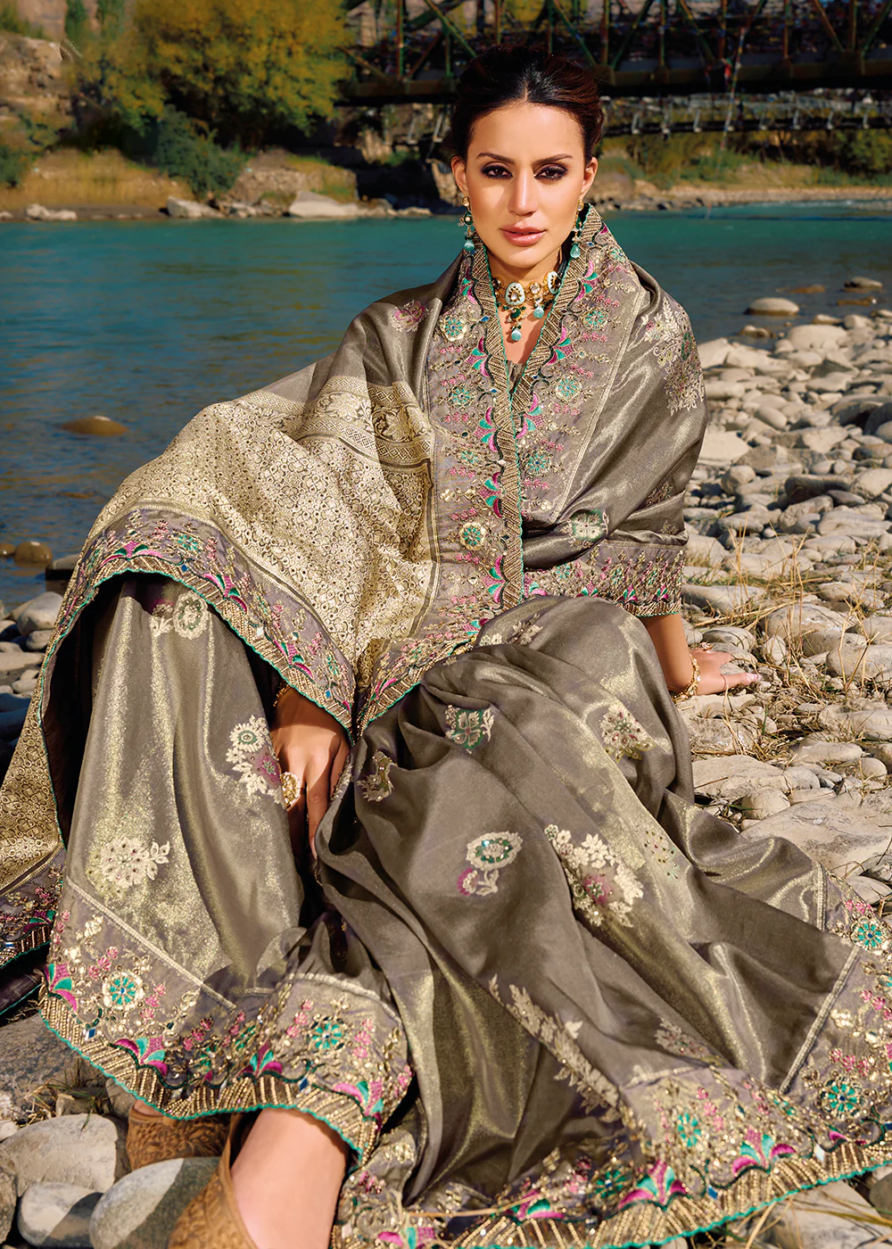 Stunning Brown Banarasi Pure Zari Fabric Designer Saree - Image 2