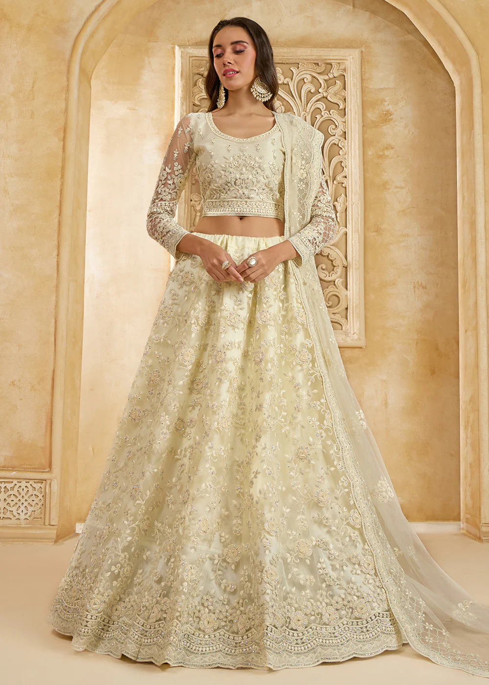 Stunning Cream Heavy Net Embroidered Bridal Lehenga Choli