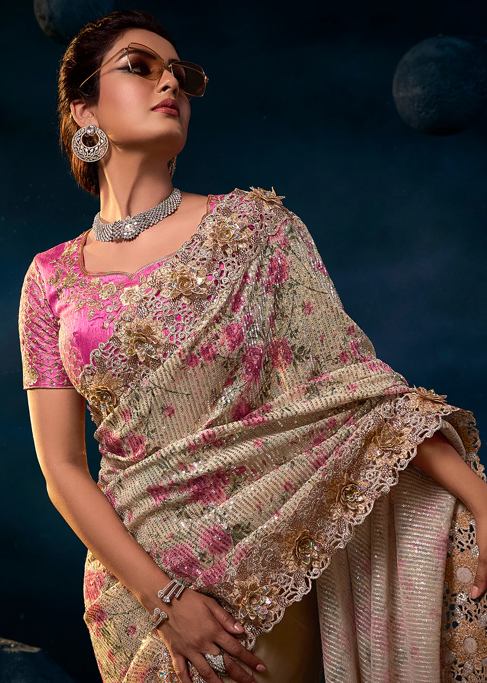 Stunning Cream Premium Net Heavy Embroidered Designer Saree - Image 2