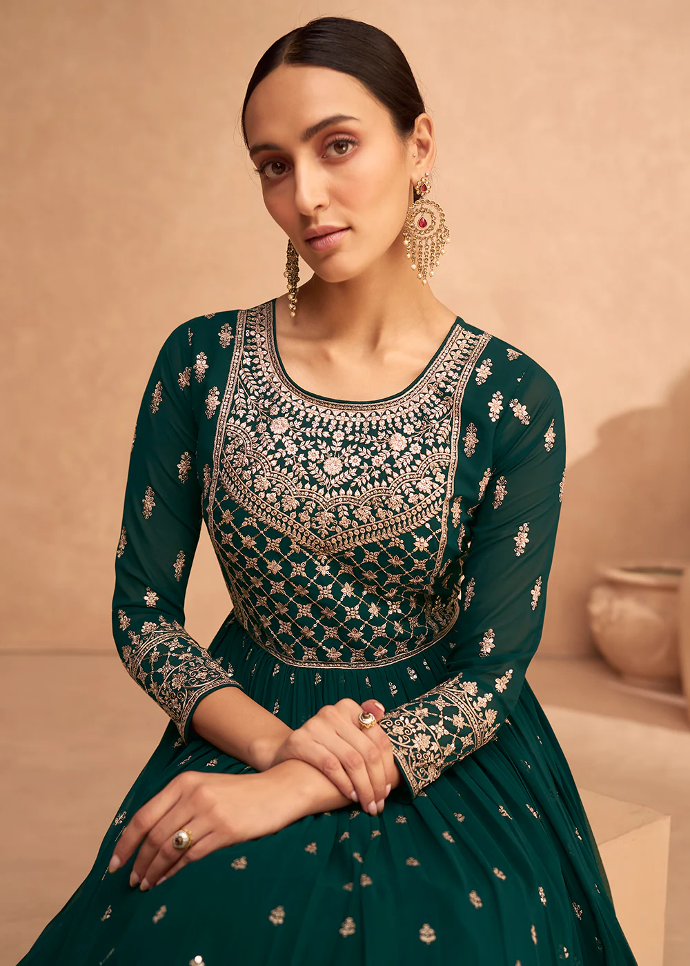 Stunning Dark Green Georgette Wedding Festive Anarkali - Image 2