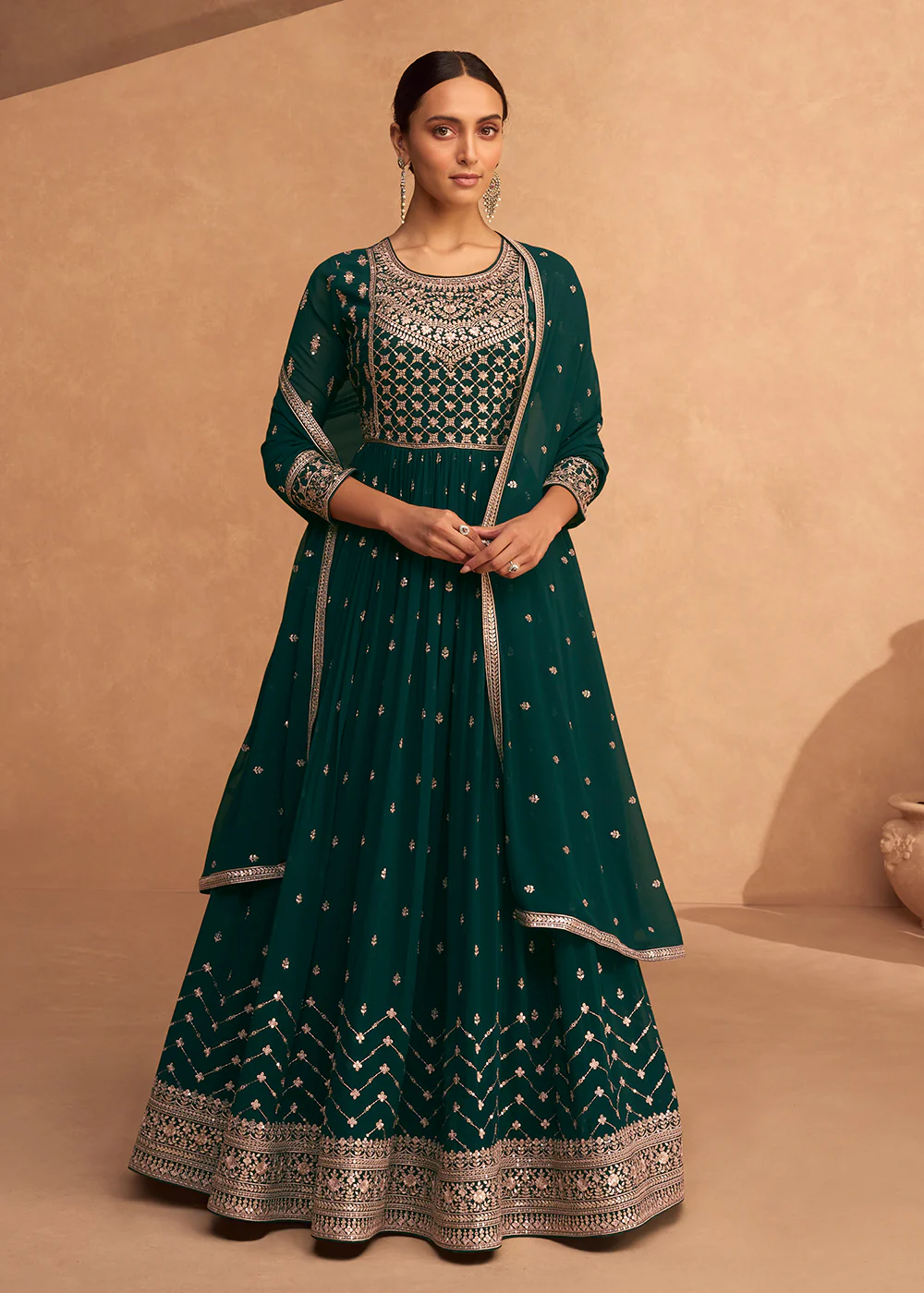 Stunning Dark Green Georgette Wedding Festive Anarkali - Image 4
