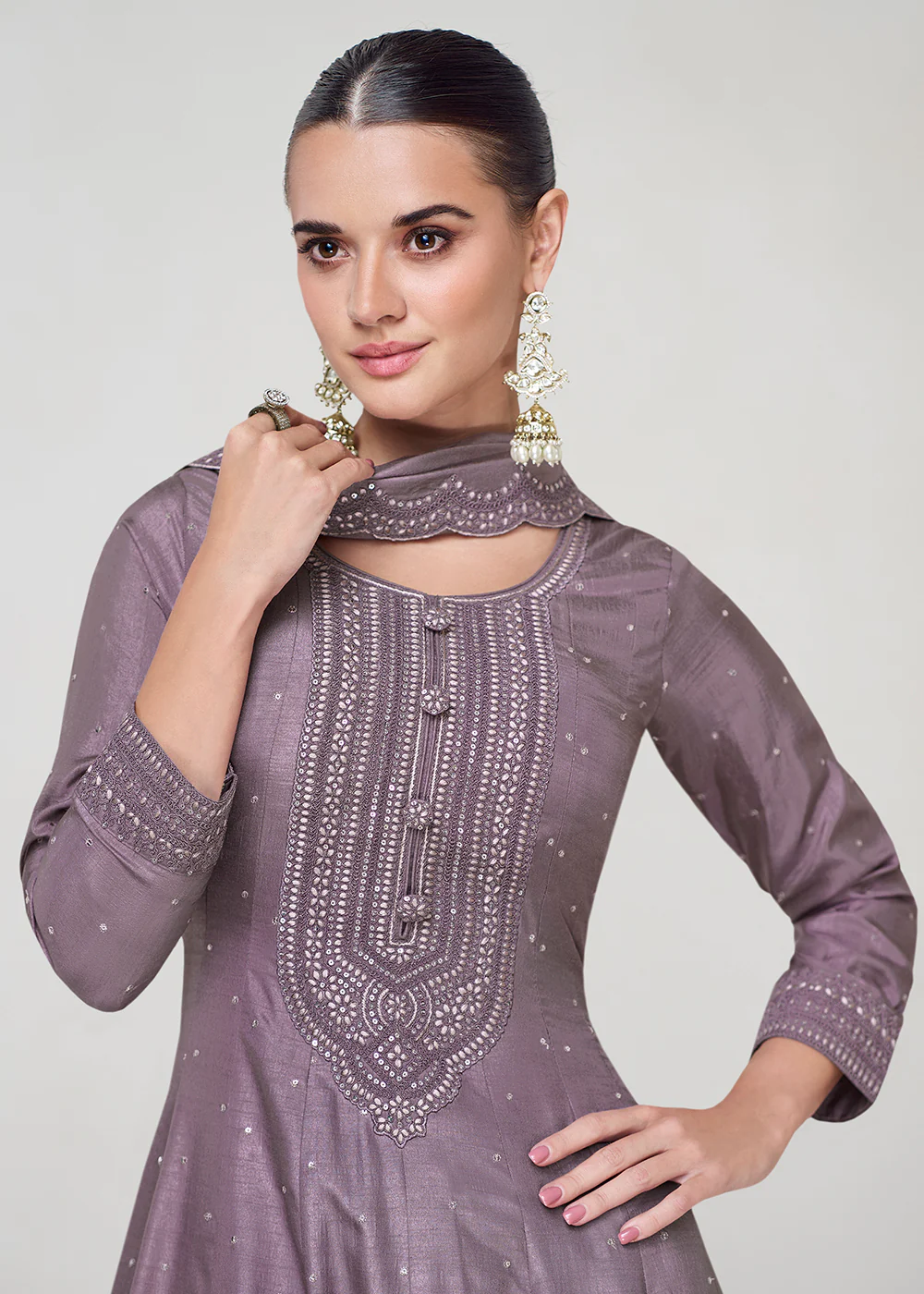 Stunning Dusty Purple Silk Embroidered Wedding Anarkali Gown - Image 2