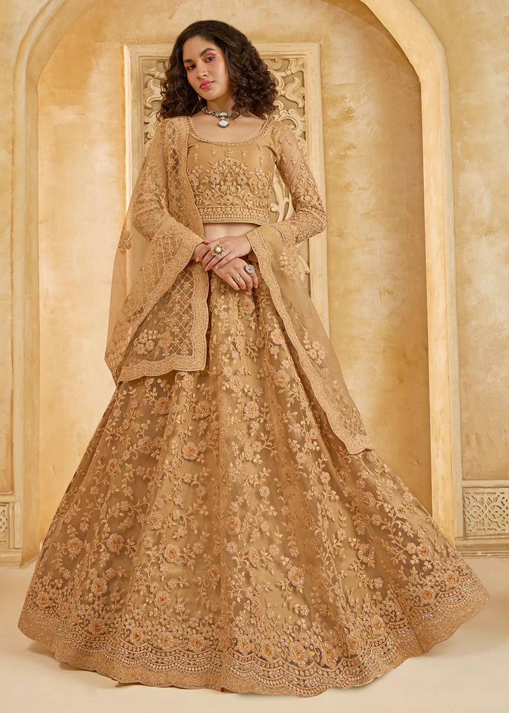 Stunning Golden Heavy Net Embroidered Bridal Lehenga Choli