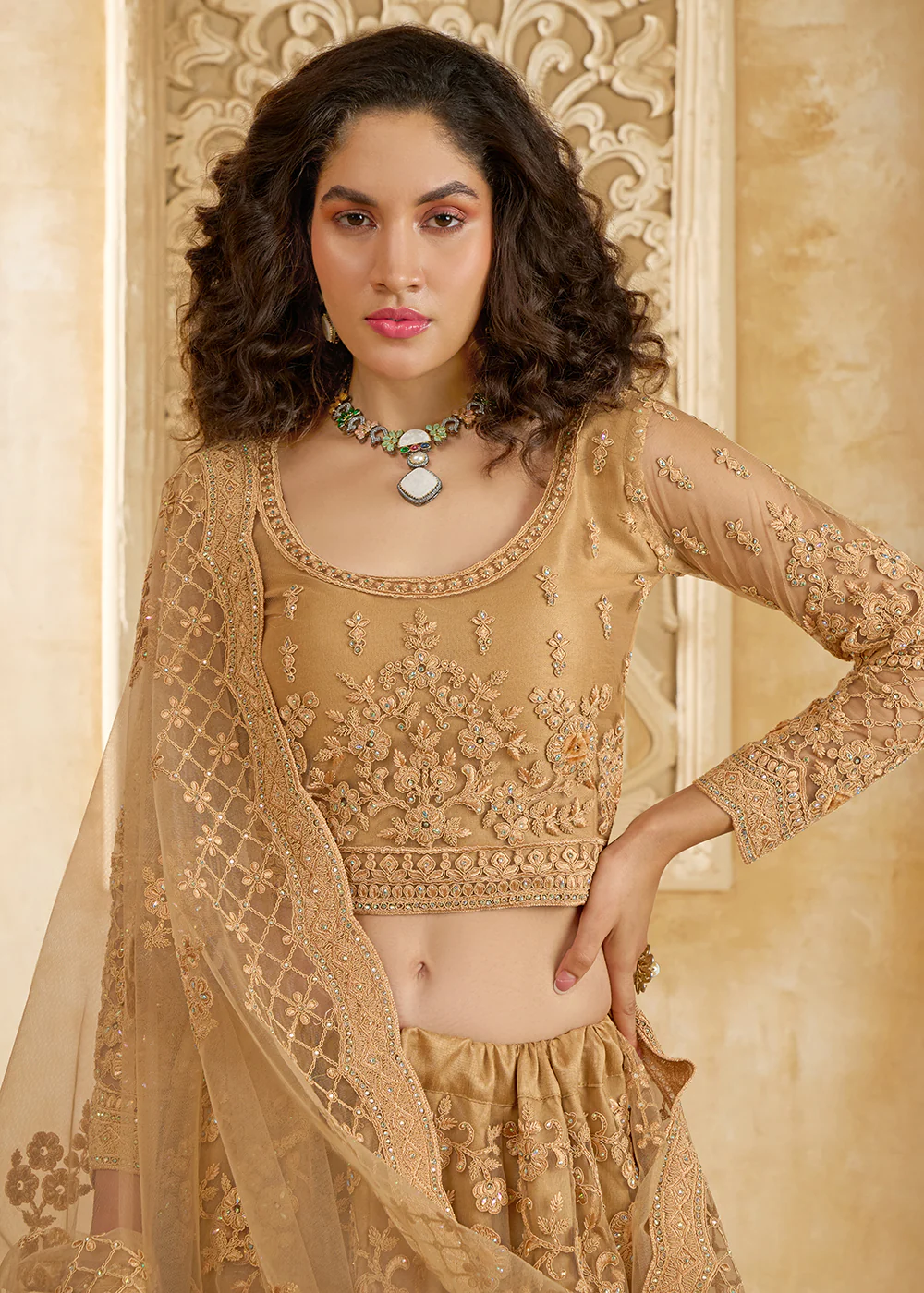Stunning Golden Heavy Net Embroidered Bridal Lehenga Choli - Image 2