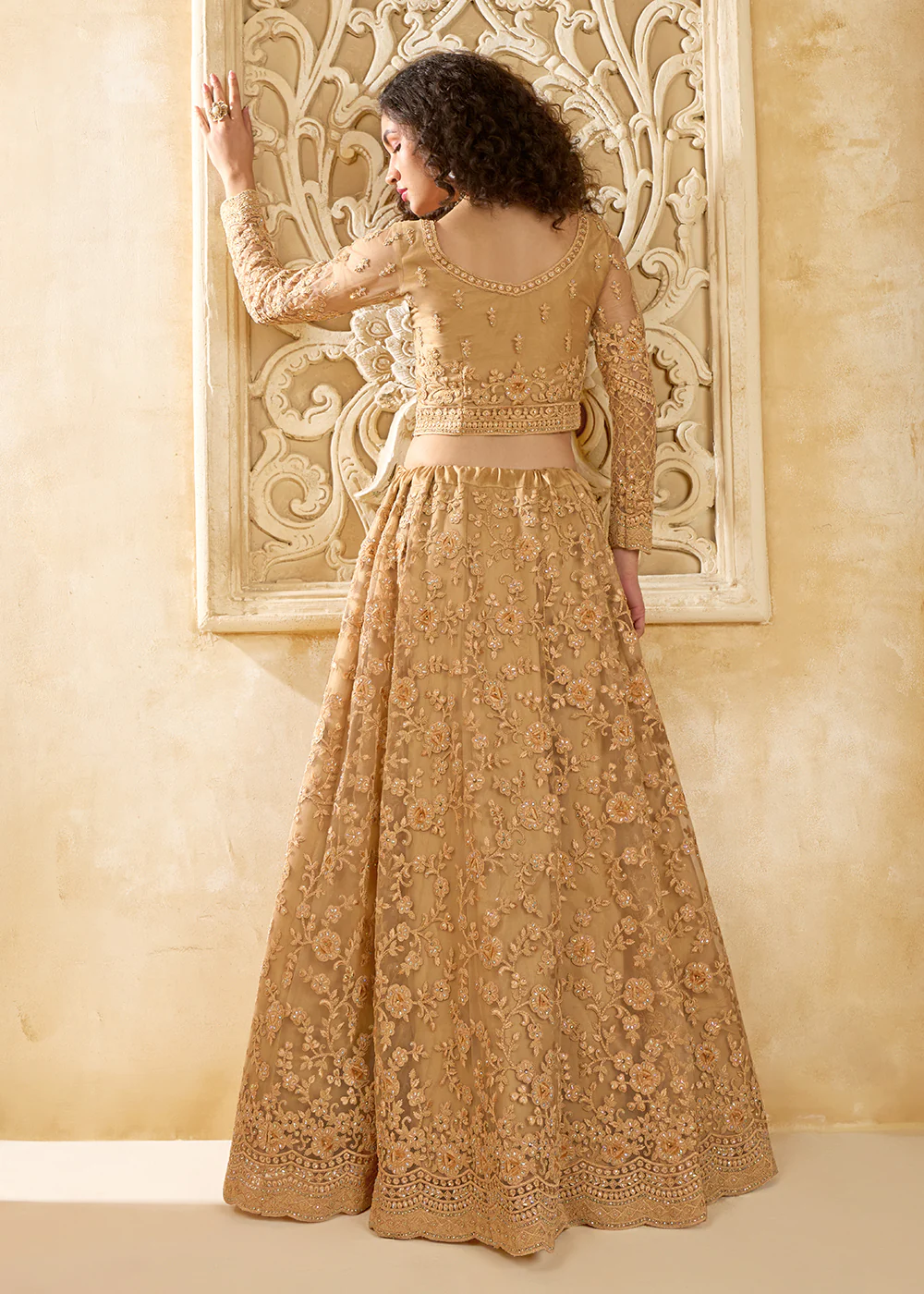 Stunning Golden Heavy Net Embroidered Bridal Lehenga Choli - Image 3