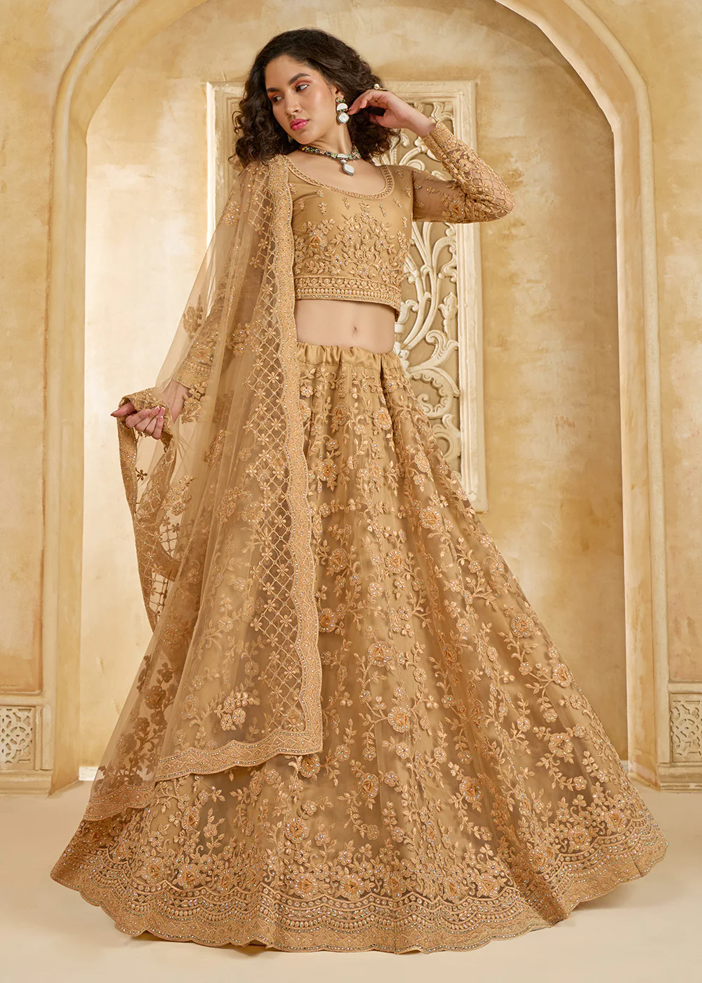 Stunning Golden Heavy Net Embroidered Bridal Lehenga Choli - Image 5