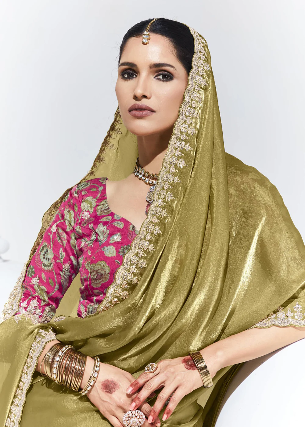 Stunning Golden Organza Embroidered Party Wear Saree - Image 2