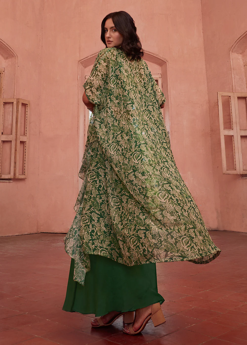 Stunning Green Designer Crop Top Style Sharara Suit - Image 3