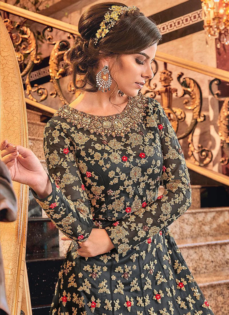 Stunning Grey Designer Net Jacket Anarkali Suit - Image 2
