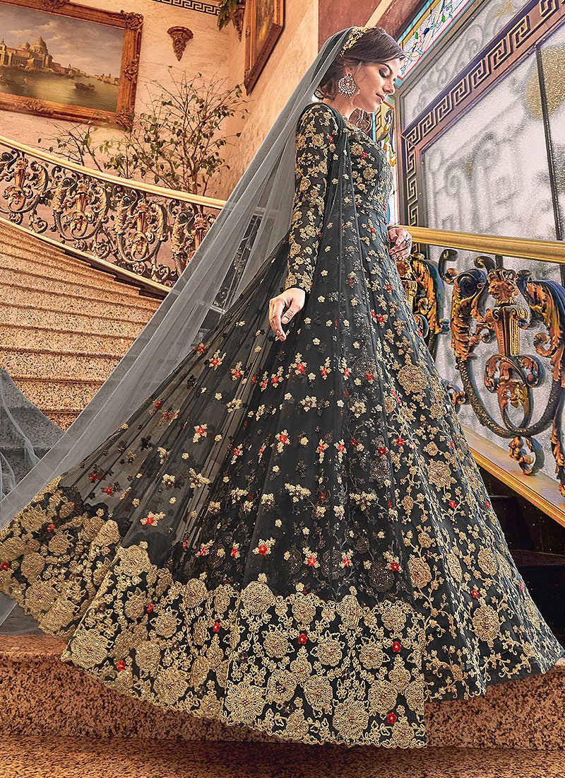 Stunning Grey Designer Net Jacket Anarkali Suit - Image 3