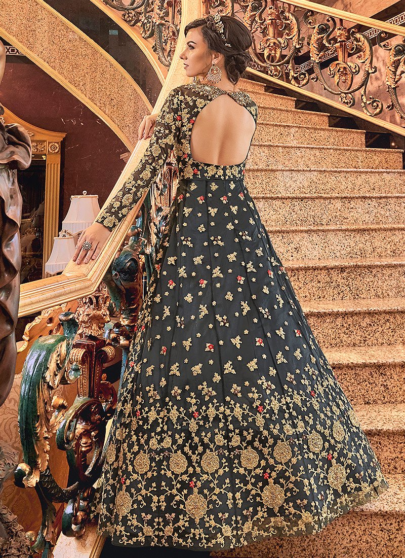 Stunning Grey Designer Net Jacket Anarkali Suit - Image 4