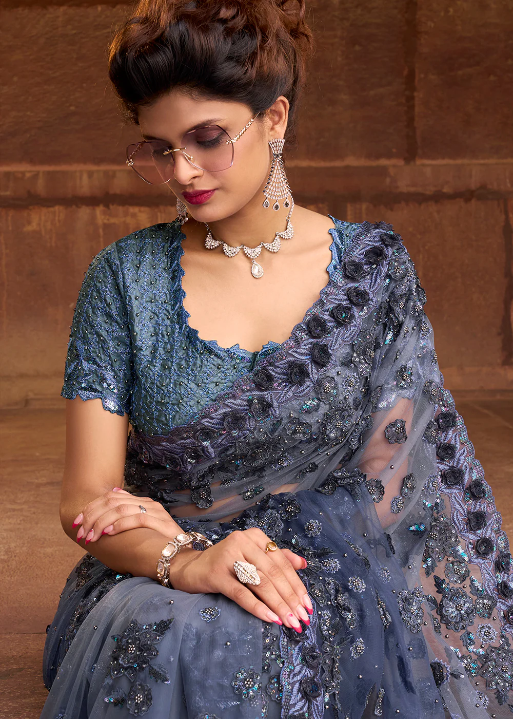 Stunning Grey Applique Net Designer Bridal Party Wear Saree - Image 2