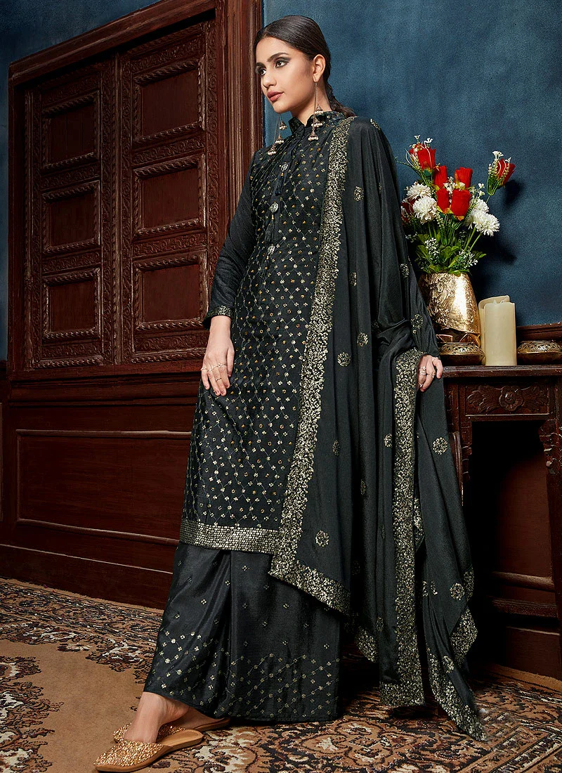 Stunning Grey Chinon Trendy Palazzo Salwar Suit - Image 3