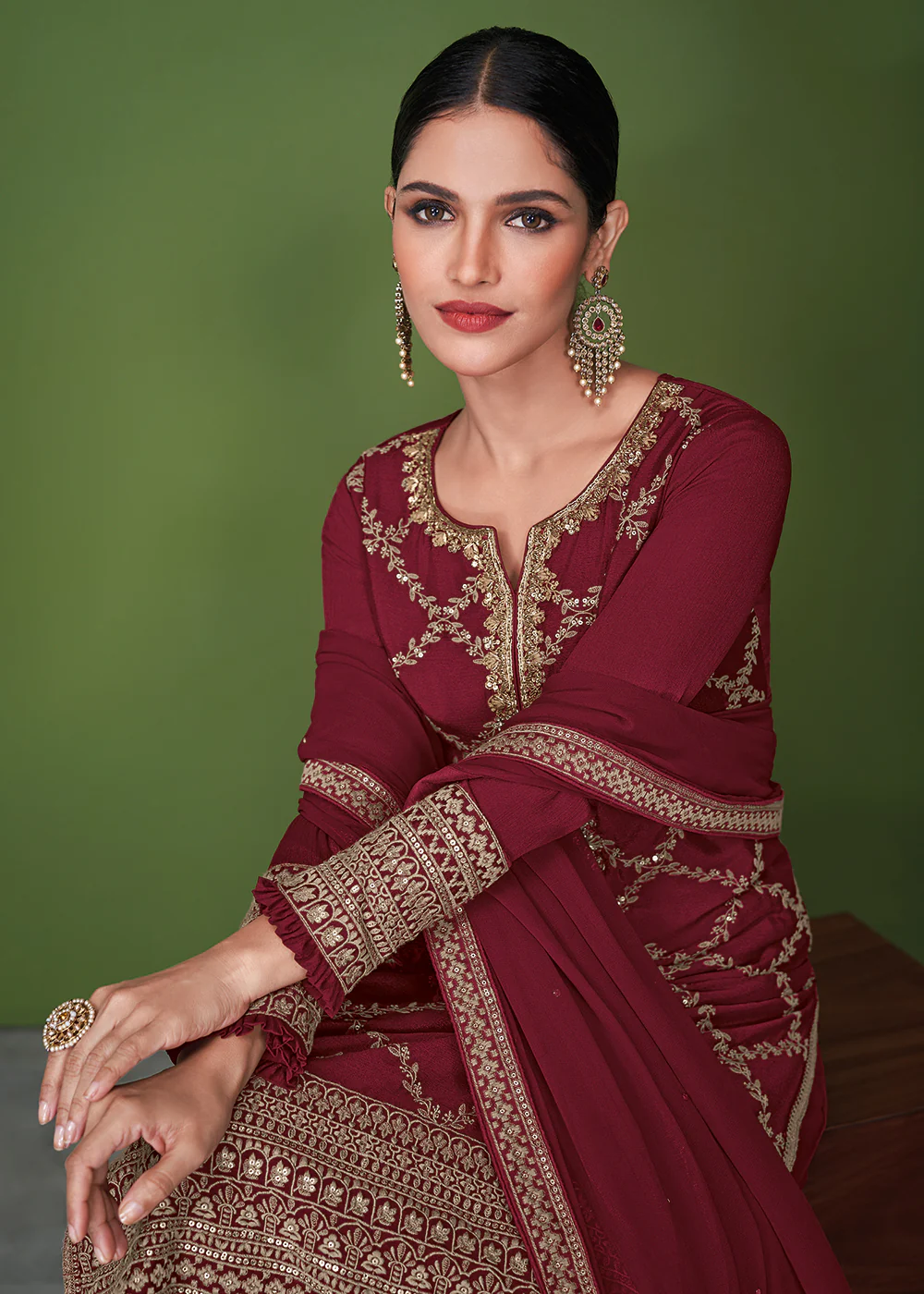 Stunning Maroon Beautifully Embroidered Festive Palazzo Suit - Image 2