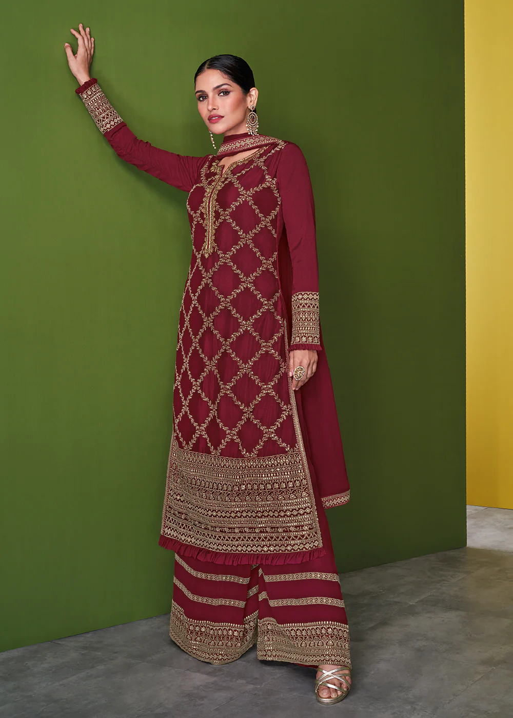 Stunning Maroon Beautifully Embroidered Festive Palazzo Suit - Image 3
