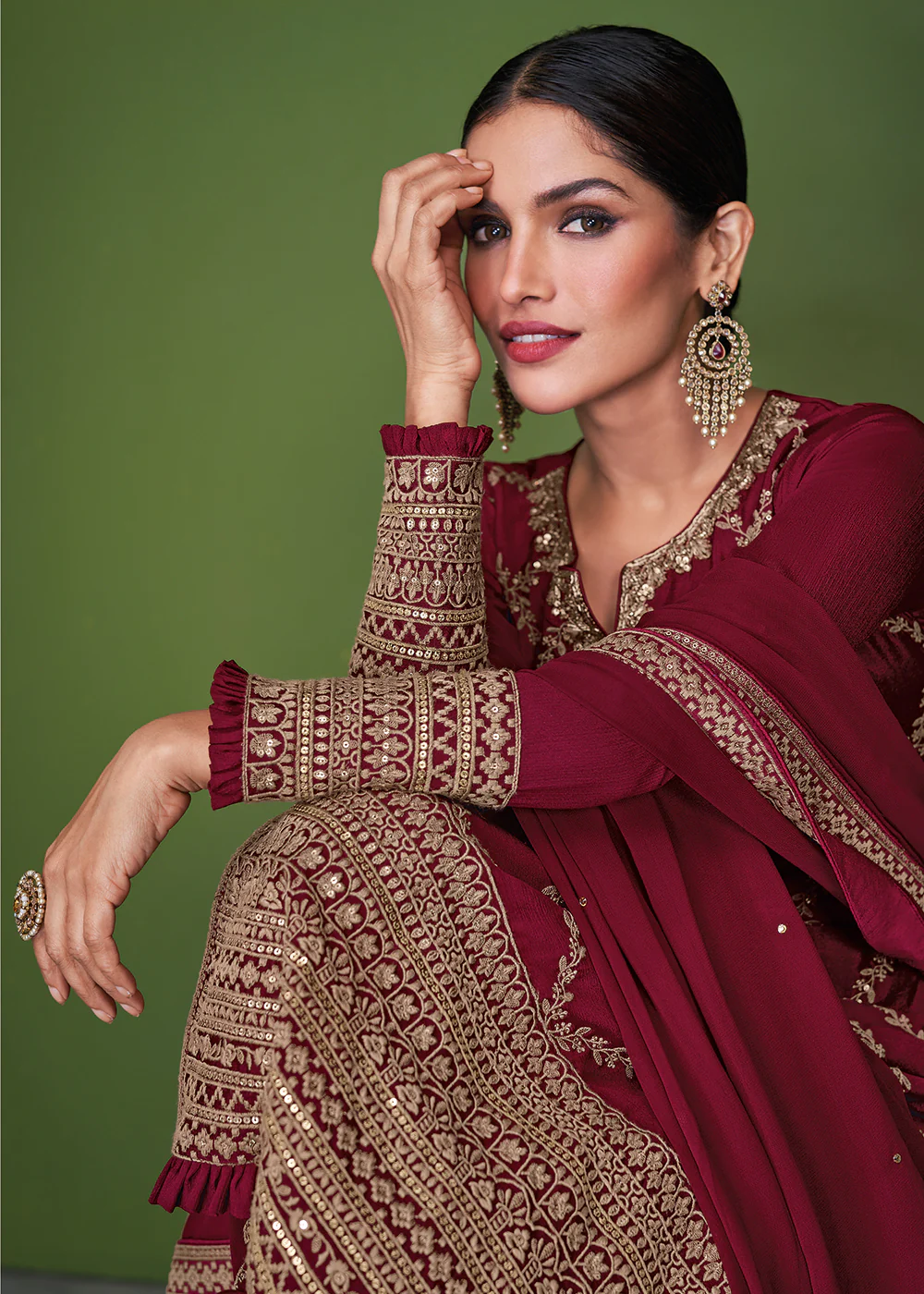 Stunning Maroon Beautifully Embroidered Festive Palazzo Suit - Image 4