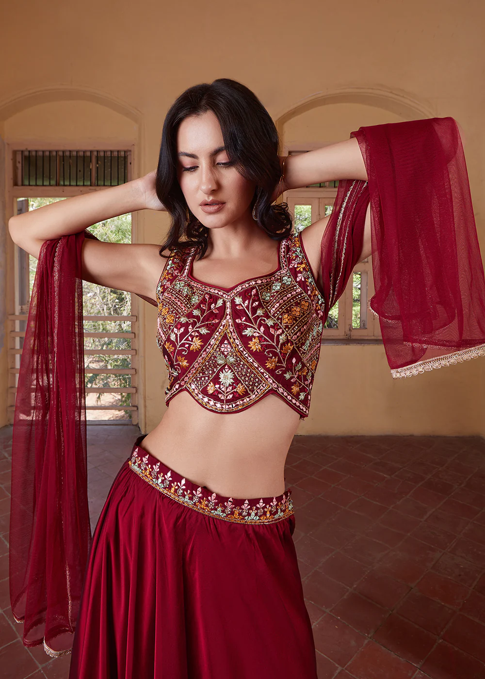 Stunning Maroon Designer Crop Top Style Lehenga Choli - Image 4