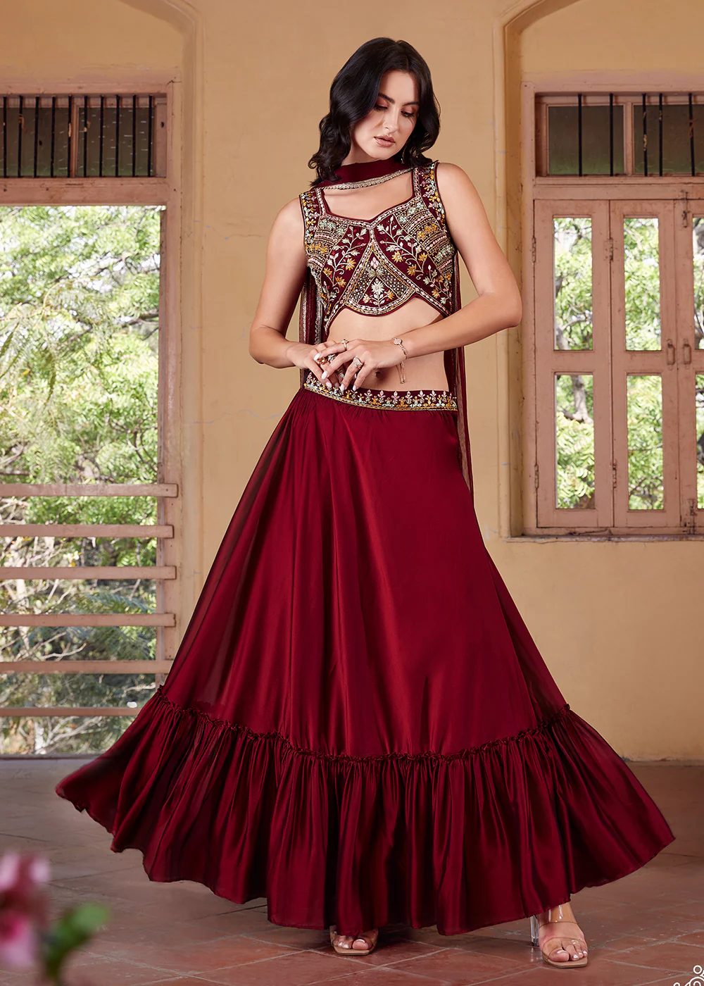 Stunning Maroon Designer Crop Top Style Lehenga Choli - Image 5