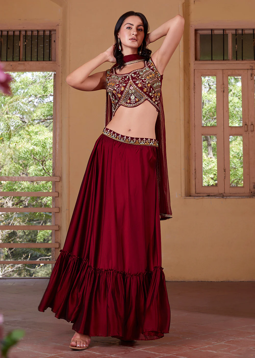 Stunning Maroon Designer Crop Top Style Lehenga Choli - Image 6
