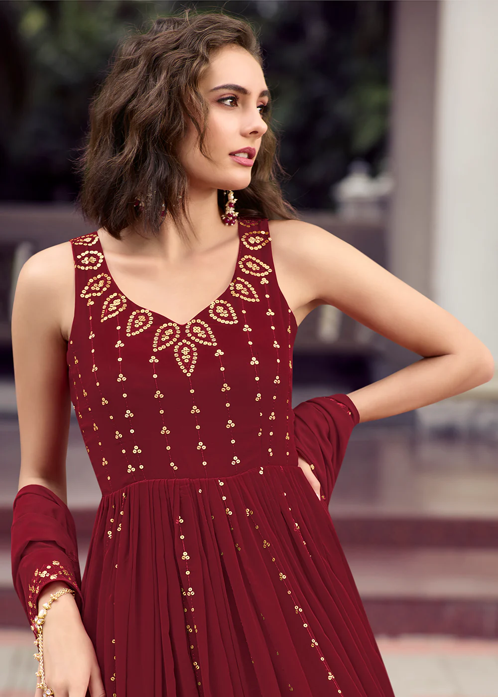 Stunning Maroon Georgette Thread & Sequins Wedding Party Gown - Image 2