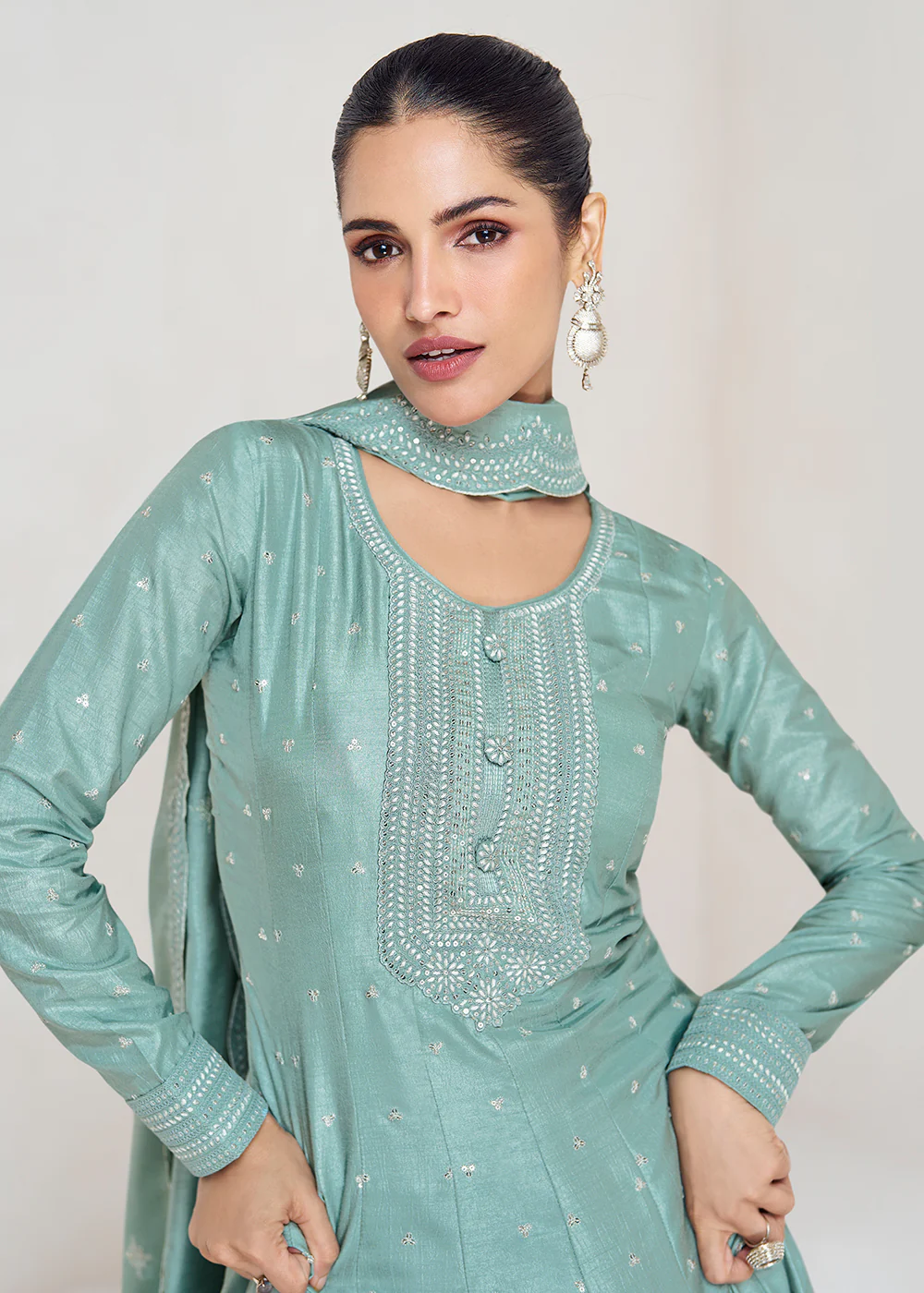 Stunning Mint Blue Silk Embroidered Wedding Anarkali Gown - Image 2