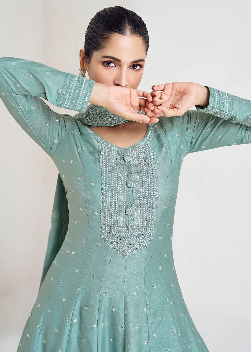 Stunning Mint Blue Silk Embroidered Wedding Anarkali Gown - Image 4