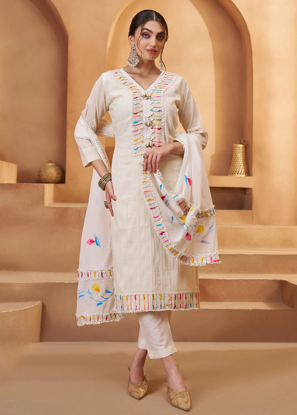 Stunning Off White Cotton Embroidered Pant Style Suit