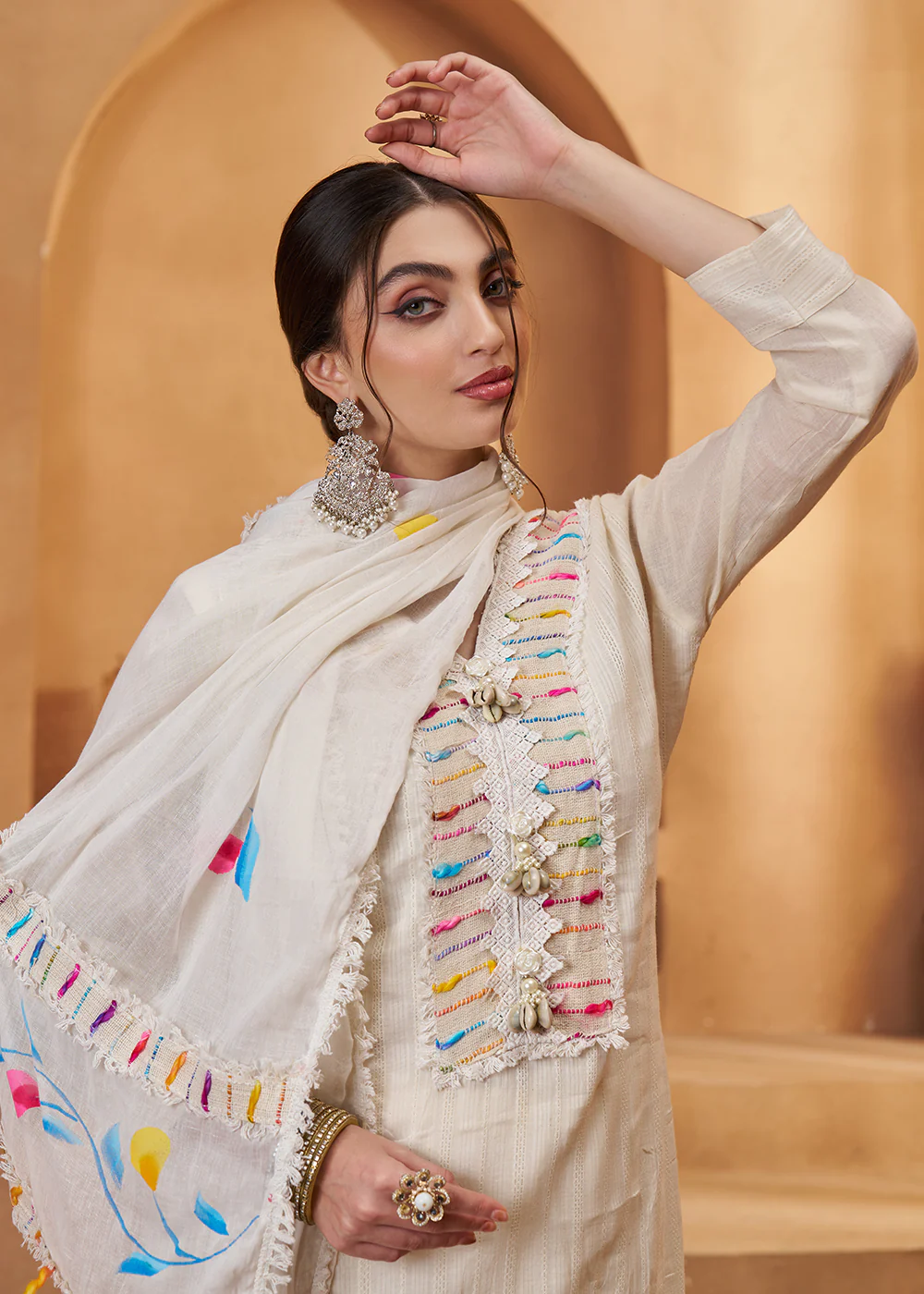 Stunning Off White Cotton Embroidered Pant Style Suit - Image 2