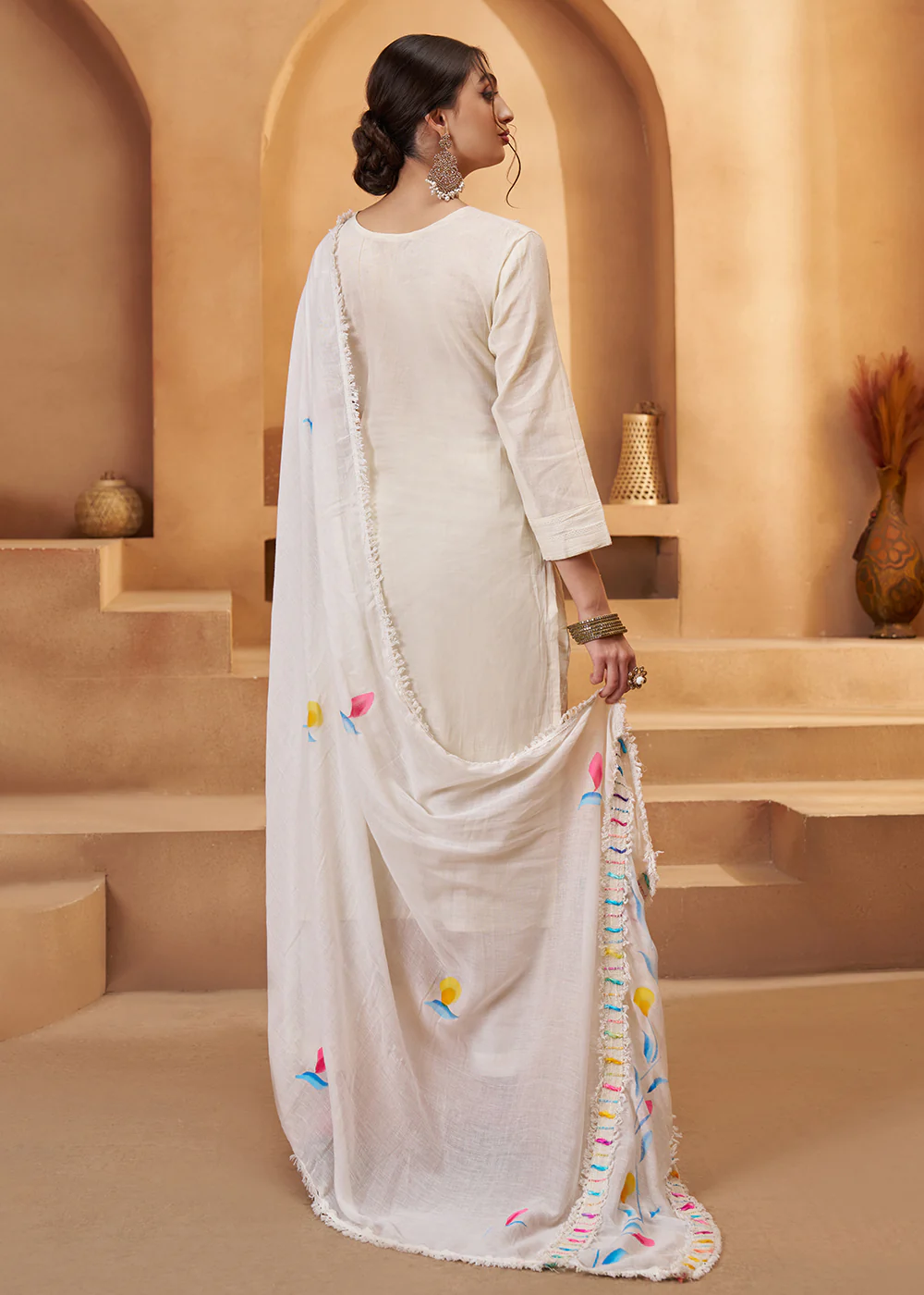 Stunning Off White Cotton Embroidered Pant Style Suit - Image 3
