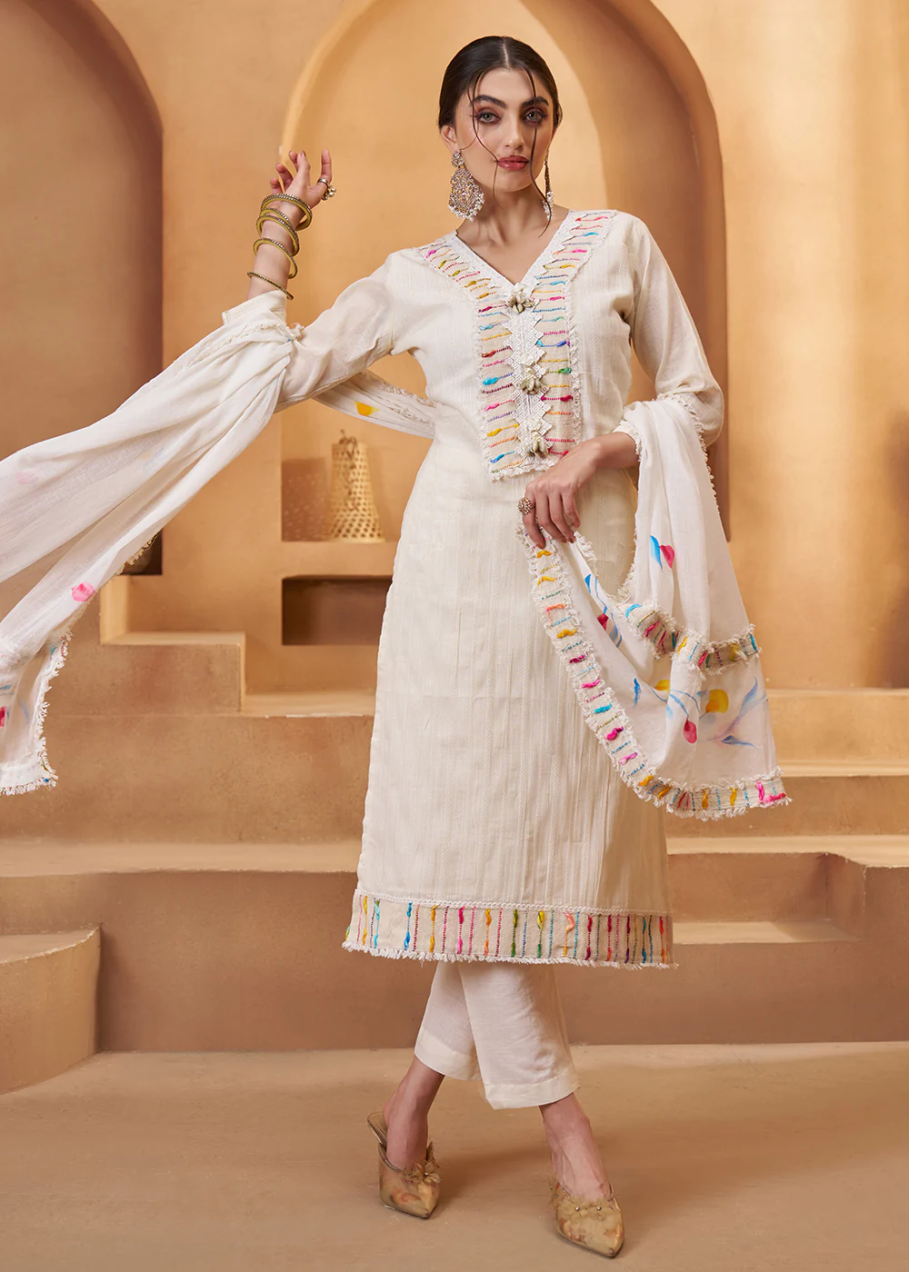 Stunning Off White Cotton Embroidered Pant Style Suit - Image 4