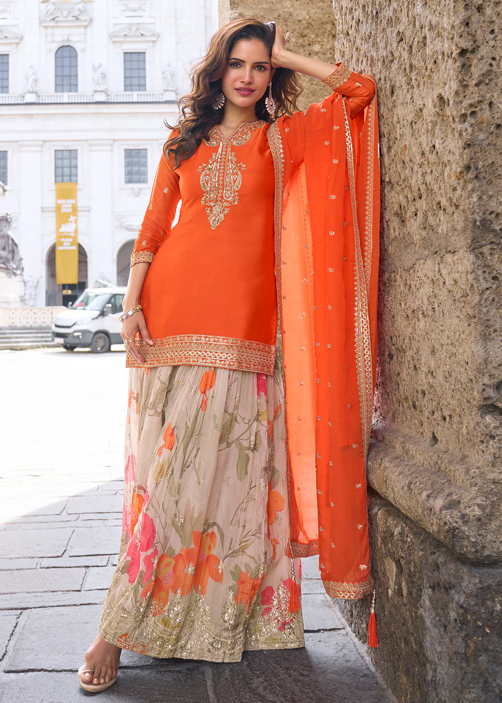 Stunning Orange Embroidered Festive Style Sharara Suit