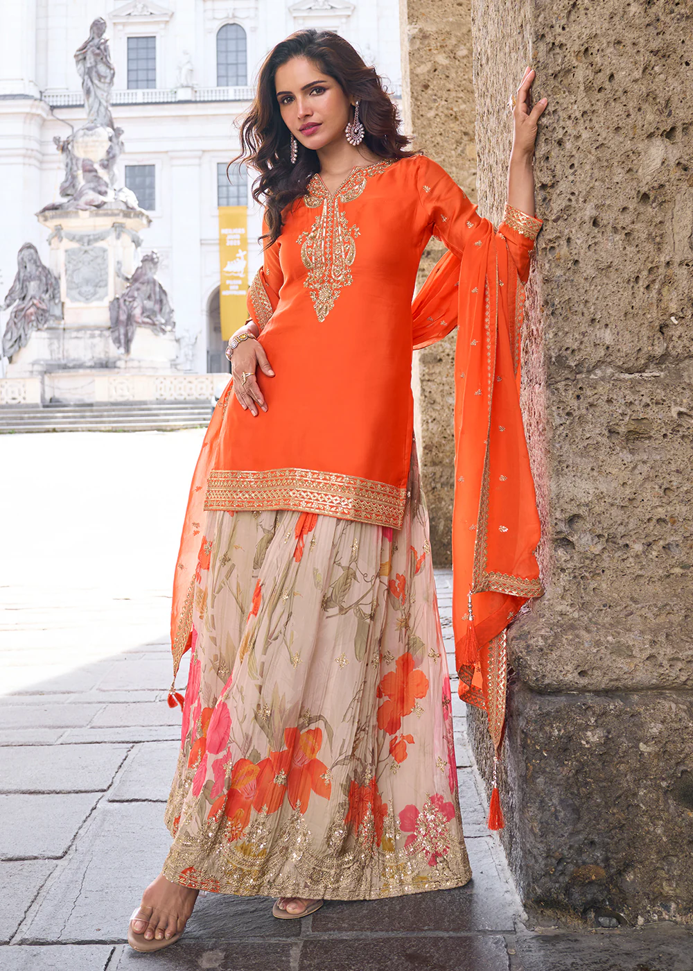 Stunning Orange Embroidered Festive Style Sharara Suit - Image 3