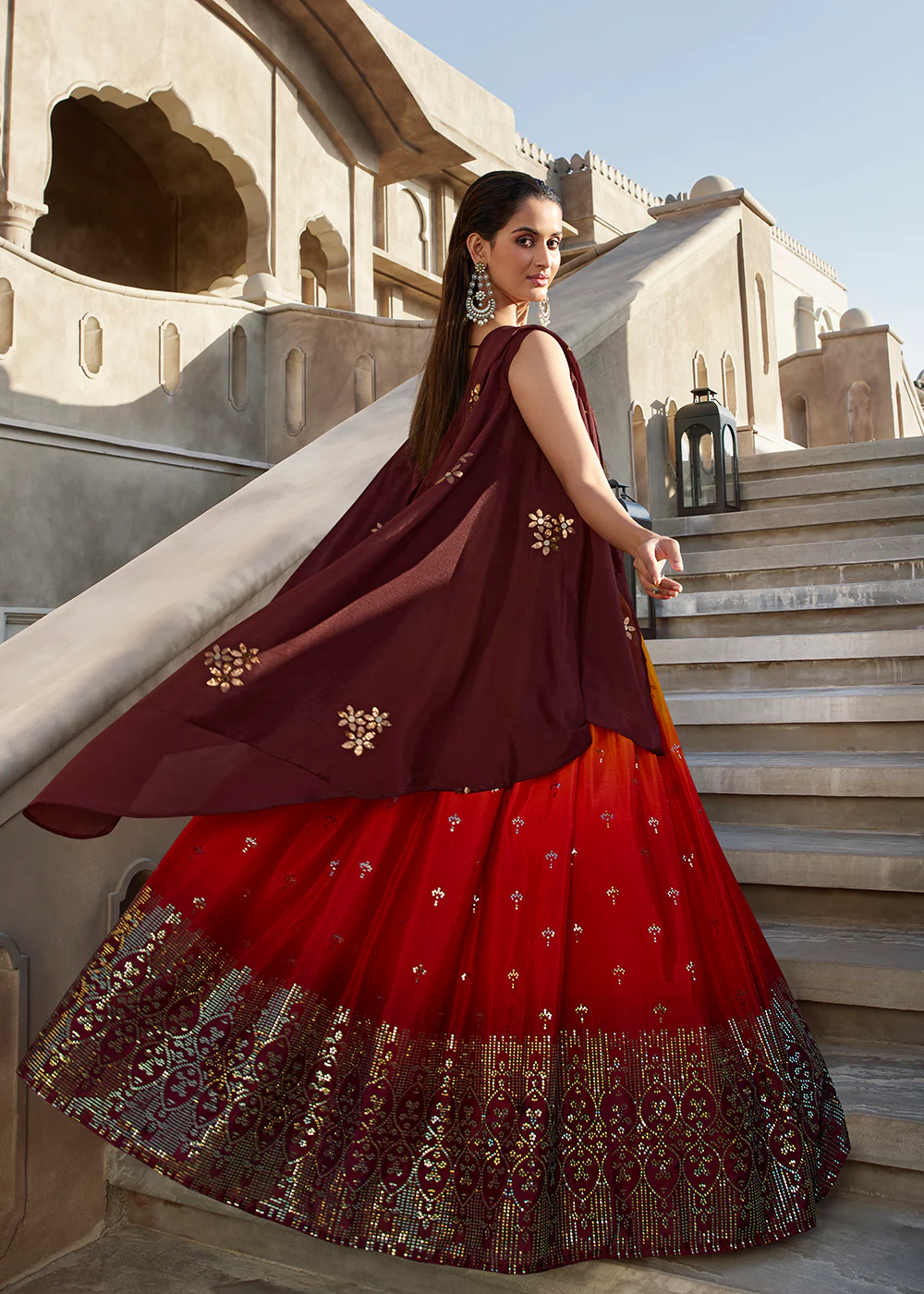 Stunning Orange Wine Embroidered Designer Lehenga Choli - Image 3