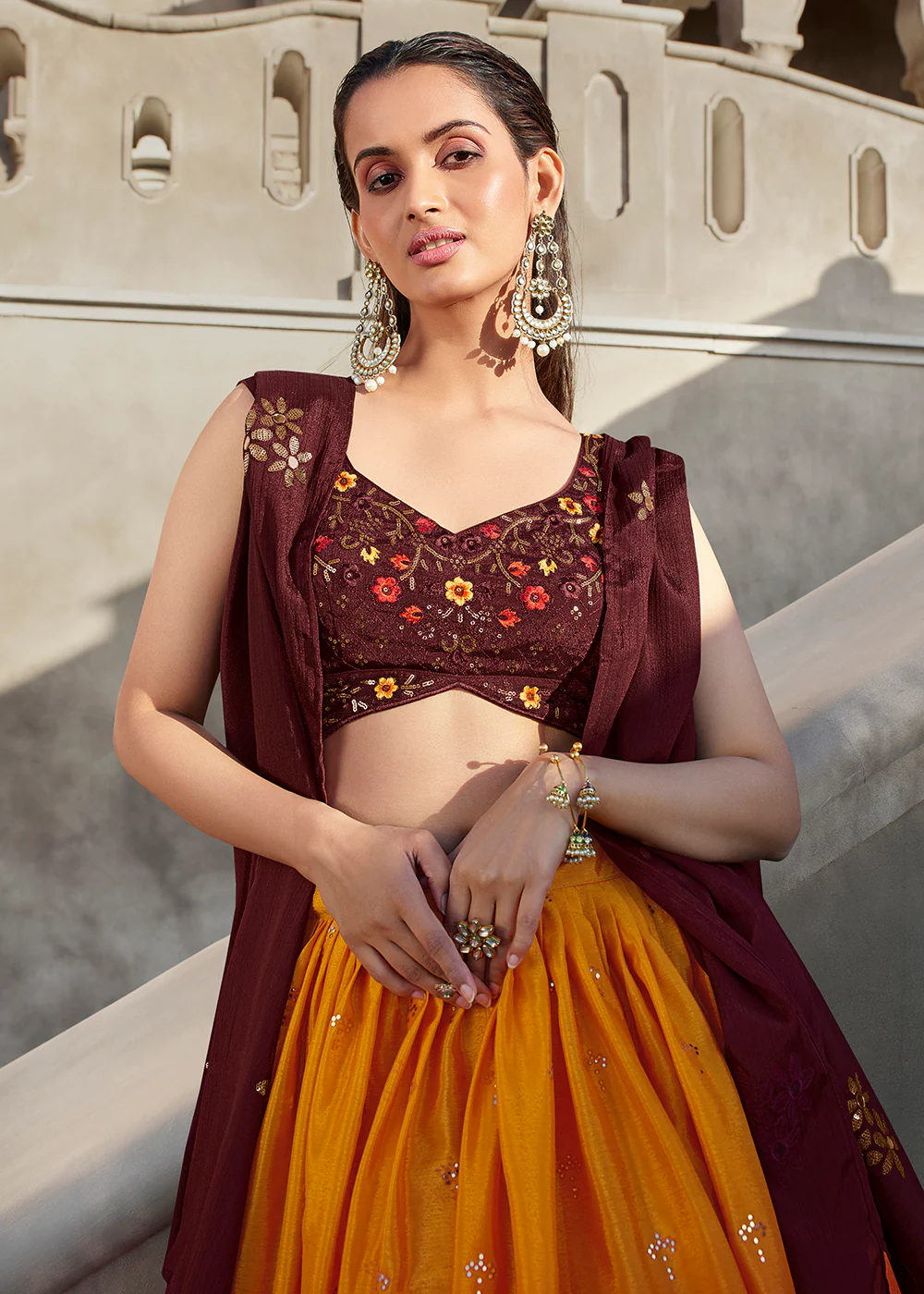 Stunning Orange Wine Embroidered Designer Lehenga Choli - Image 4