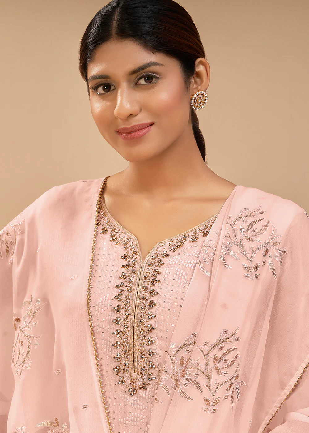 Stunning Peach Sequins & Khatli Work Festive Palazzo Suit - Image 2