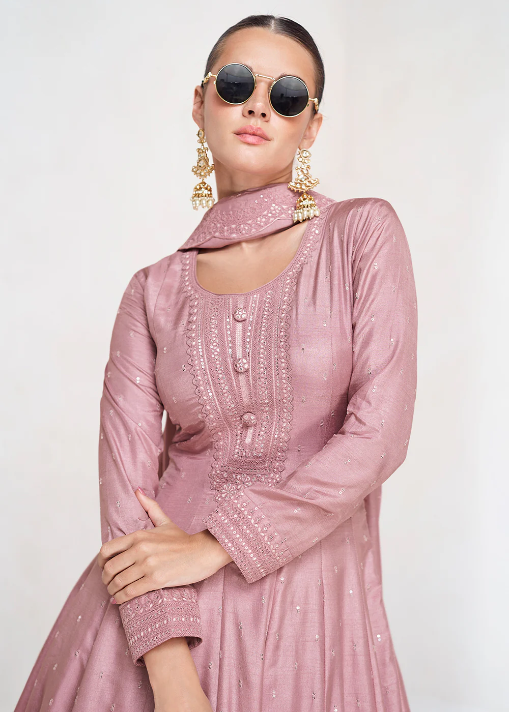 Stunning Pink Silk Embroidered Wedding Anarkali Gown - Image 2