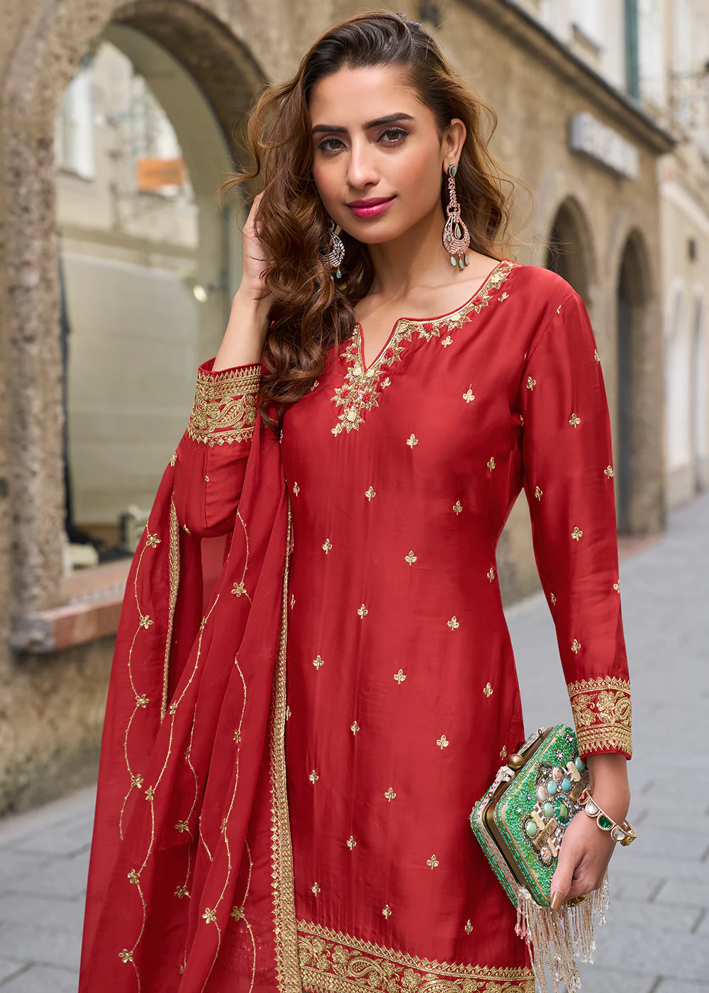 Stunning Red Embroidered Festive Style Gharara Suit - Image 2
