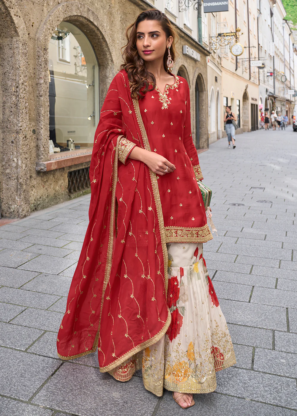 Stunning Red Embroidered Festive Style Gharara Suit - Image 3