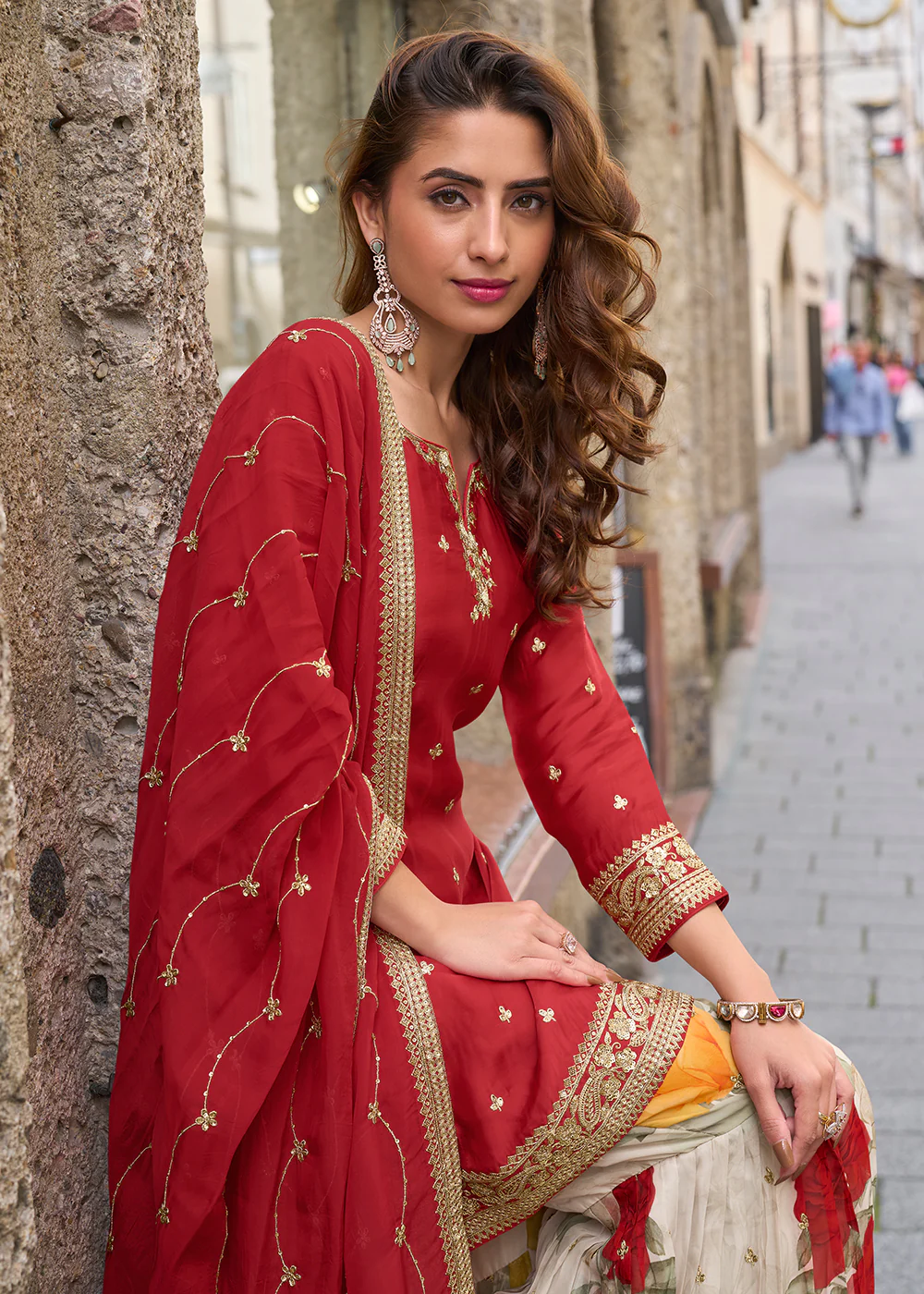 Stunning Red Embroidered Festive Style Gharara Suit - Image 4