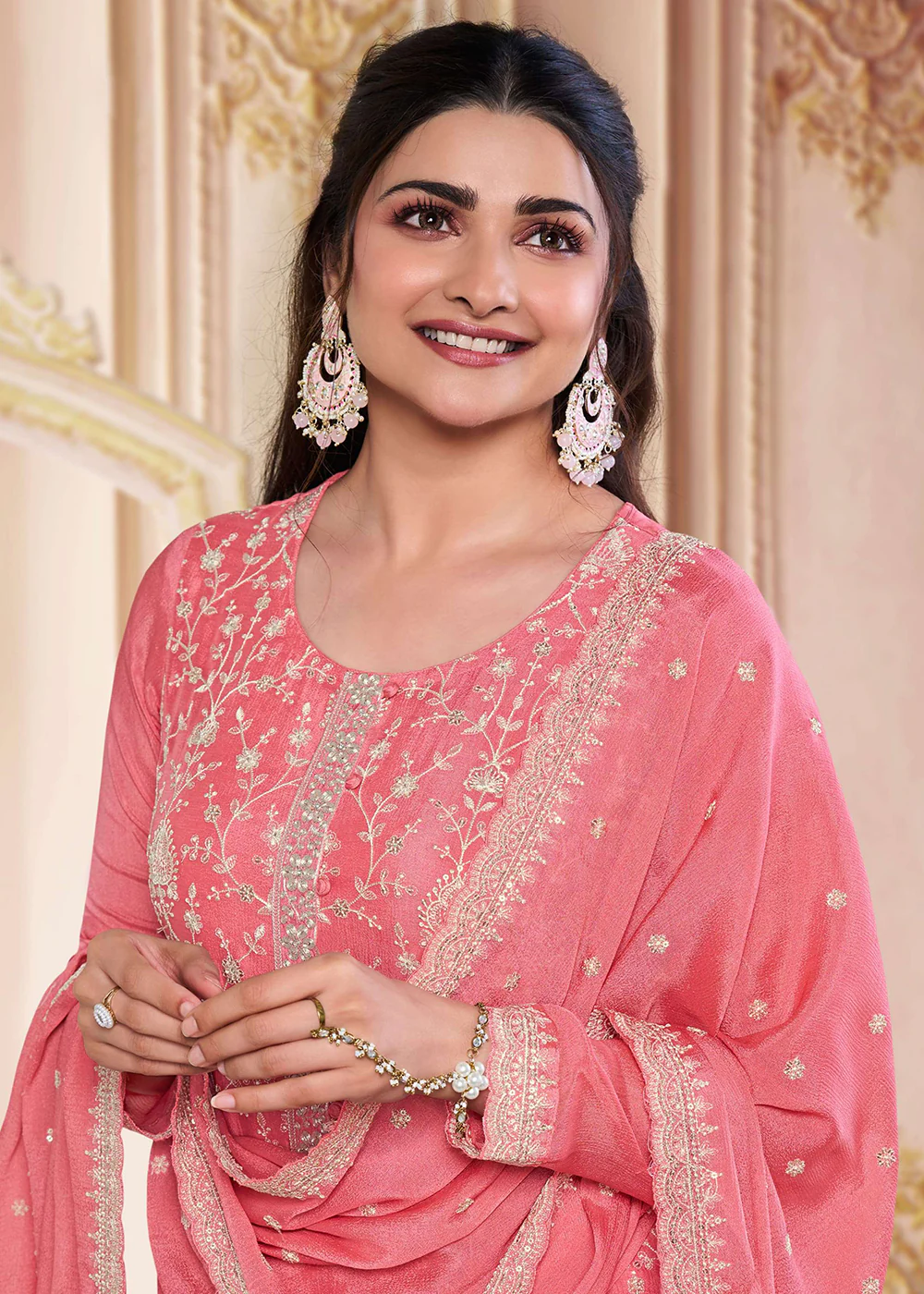 Stunning Salmon Pink Embroidered Festive Salwar Suit - Image 2
