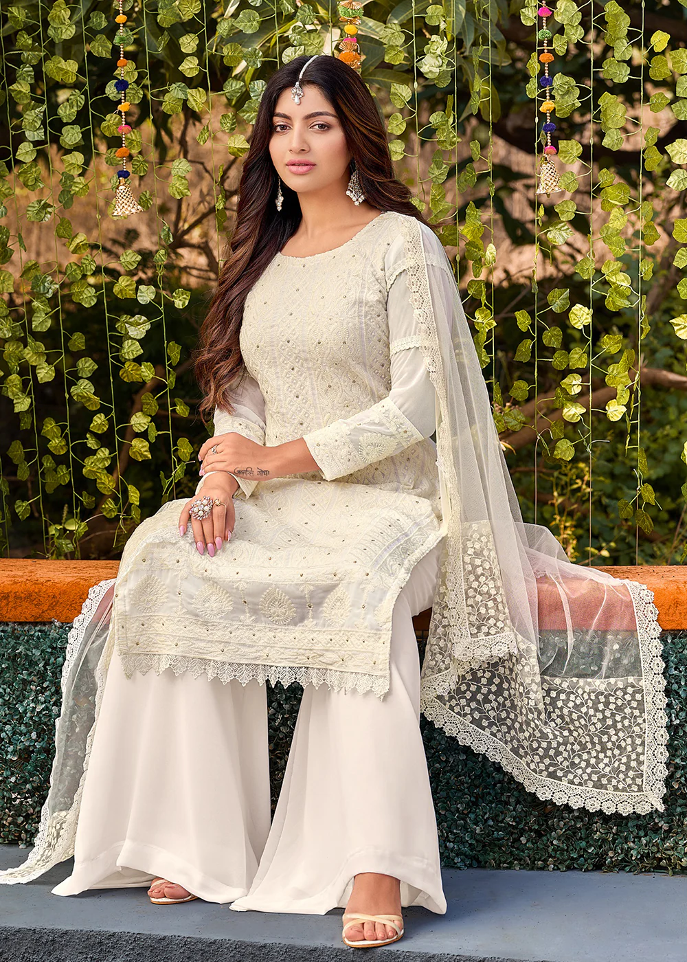 Stunning White Georgette Embroidered Wedding Festive Salwar Suit - Image 3